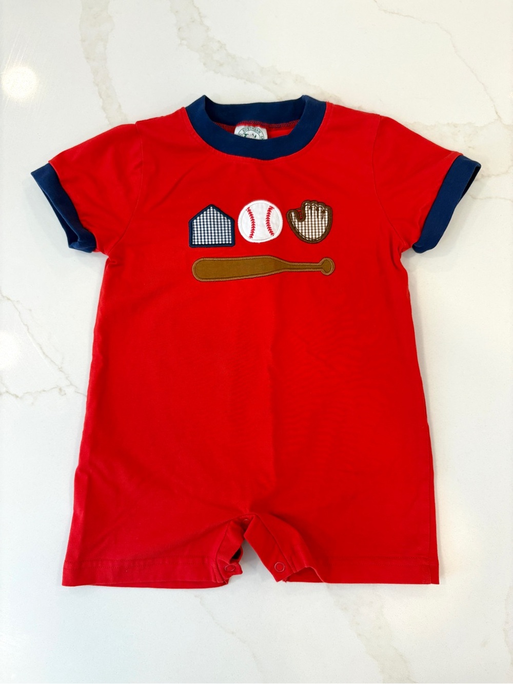 LIKE NEW Classic Southern Smocks Red Baseball Appliqué One-Piece Romper 12mo